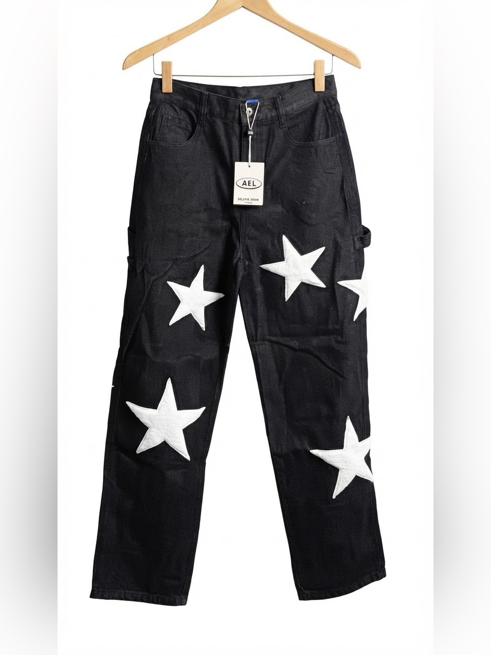 AEL Black Denim Pants Star Applique Carpenter Jeans Size 28